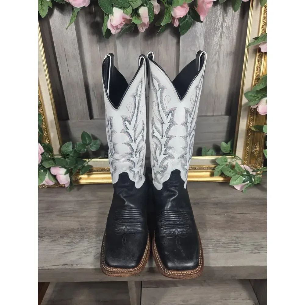 Justin BRL313 Women's 9B Black White Leather Western Cowboy Boots Square Toe USA